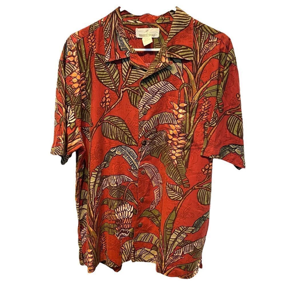 Paradise Shores Short sleeve Large button down shirt red-orange/green floral